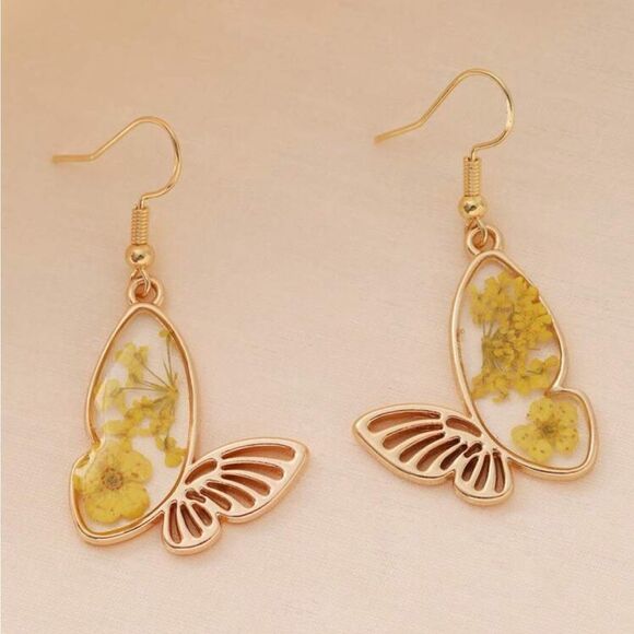 Butterfly Resin Dried Flower Pressed Earrings fall vibes autumn colors harvest - Picture 2 of 11